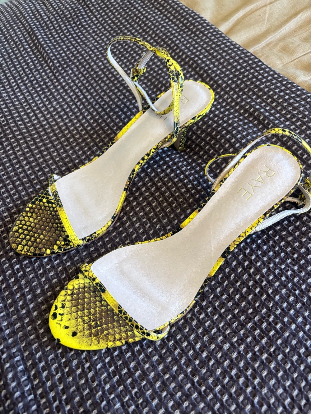REVOLVE | Raye | Yellow Snake-Print Strappy Sling Kitten Heels